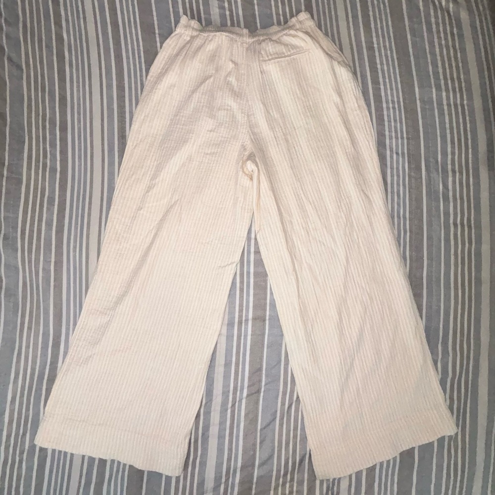Aerie Women Cream Pin Strip Wide Leg Pleated Pockets Cotton Comfort Size Medium - Picture 2 of 12